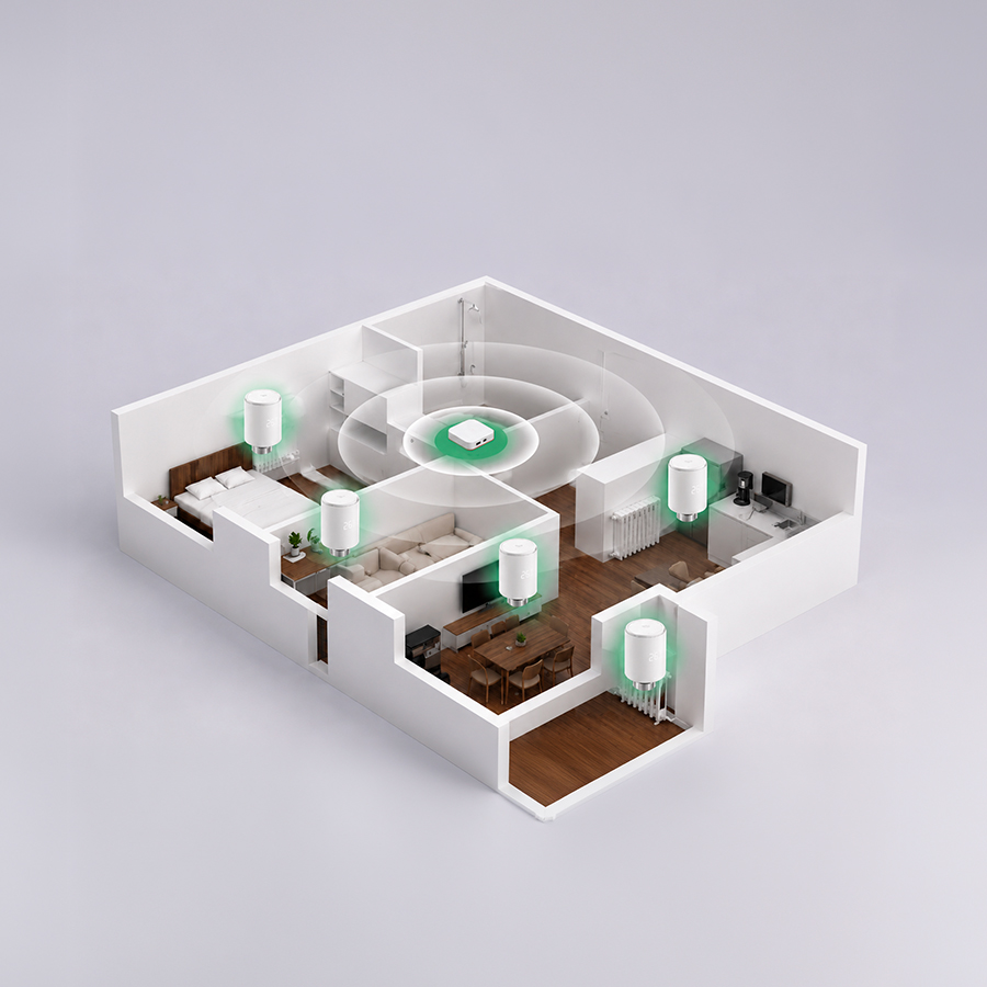 Casa in sezione con l'unit&agrave; centrale PleiHome e i dispositivi wireless in ogni stanza