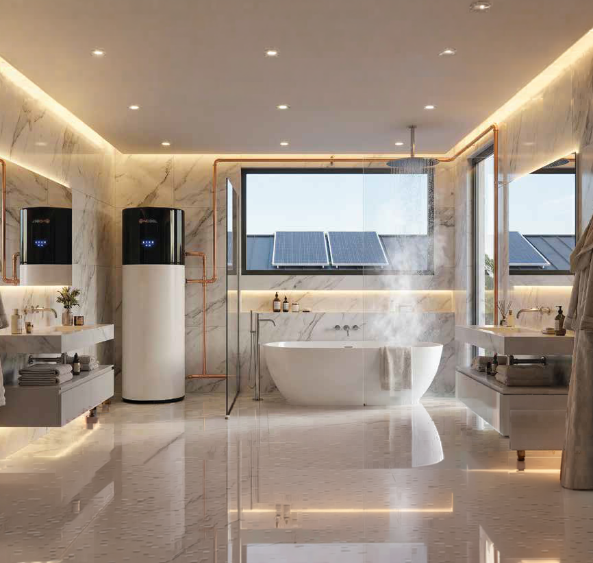 fig_image_139_412964778 - Pleion Luxurious marble bathroom with a freestanding tub, glass shower, and warm LED lighting.