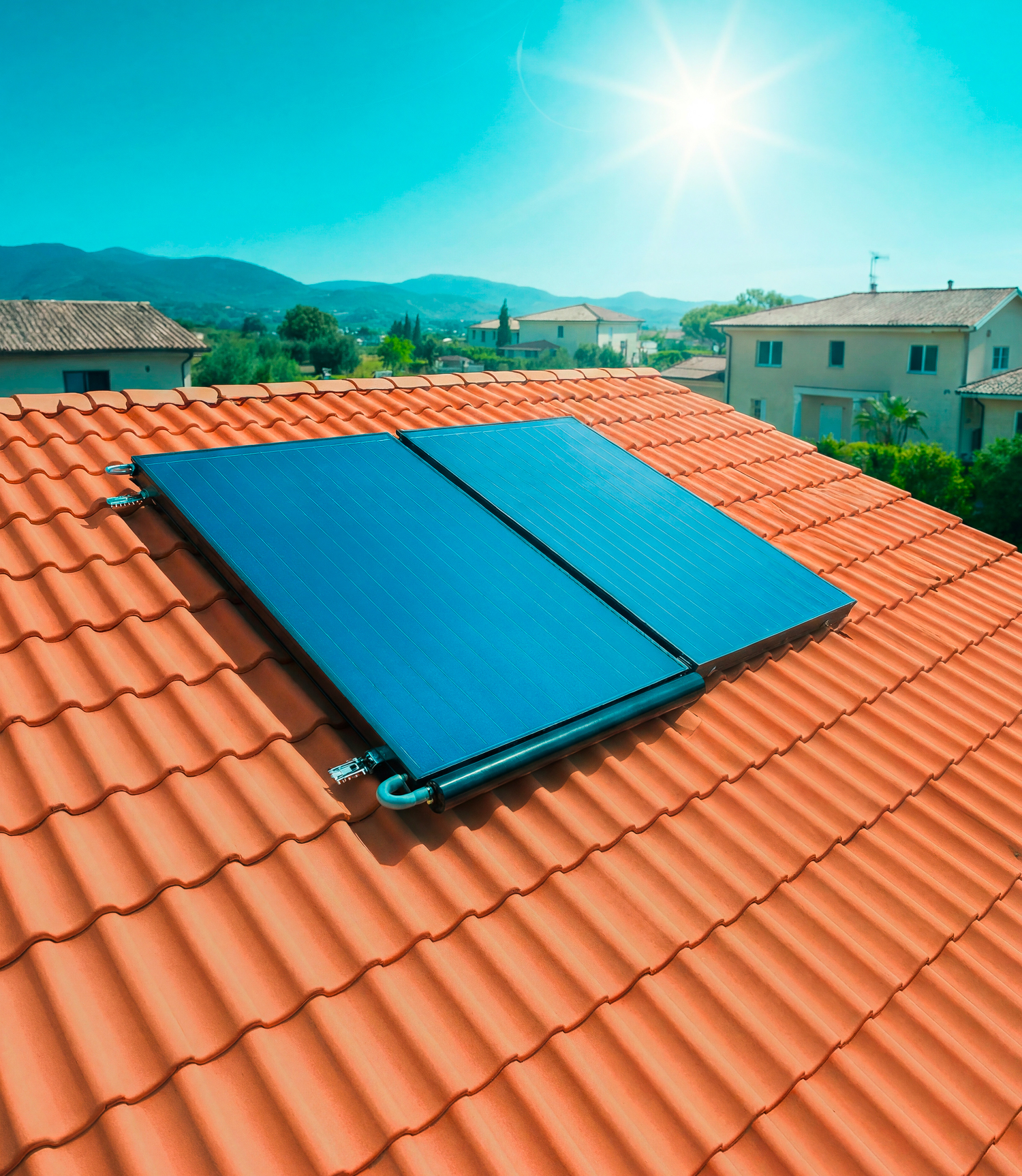 freepik_usa-la-foto-originale-del_2857981147 - Pleion Solar panels installed on a red tile roof under a bright sun, with a suburban neighborhood and hills in the distance.