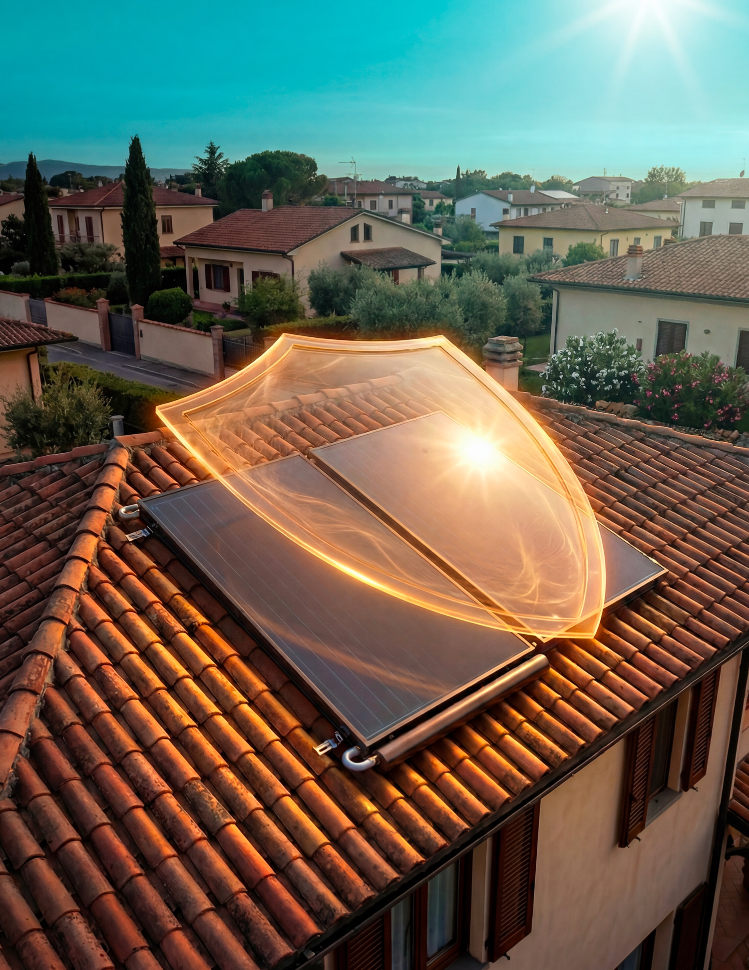 freepik_use-the-first-image-as-th_2858066976 - Pleion Residential roof with two solar panels and a curved glass skylight glowing with orange light trails under a bright sun.