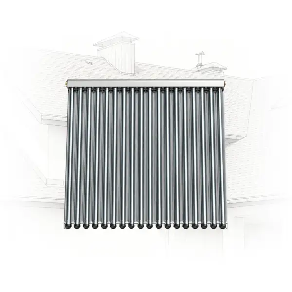 Row of cylindrical evacuated-tube solar collectors mounted on a roof against a faint building outline. (solar thermal panel)