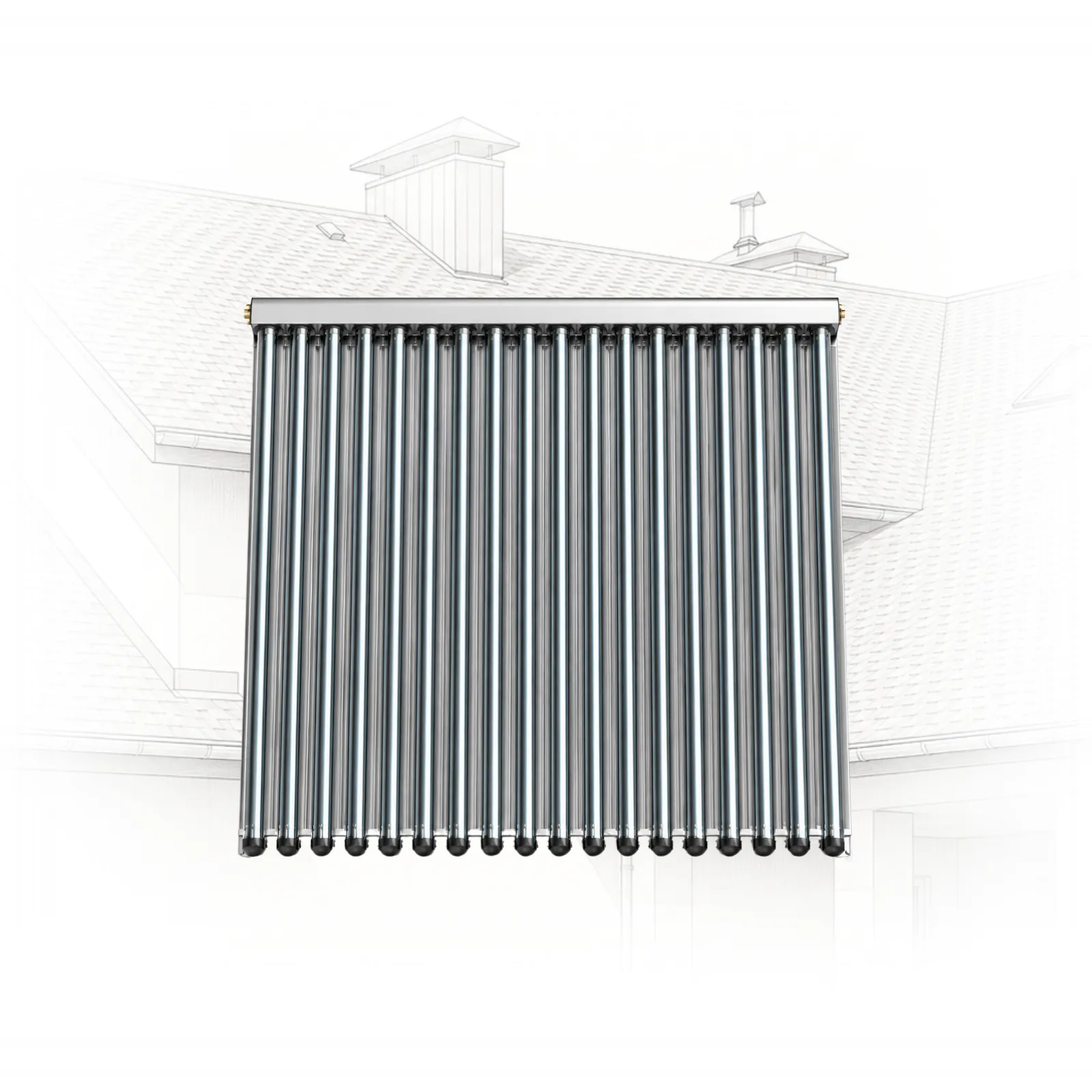 gamma-x-ray-r-x-ray-15r - Pleion Row of cylindrical evacuated-tube solar collectors mounted on a roof against a faint building outline. (solar thermal panel)