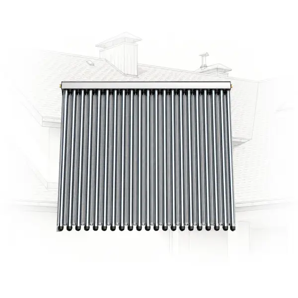 Row of vertical evacuated solar tubes forming a rooftop solar thermal collector on a house.