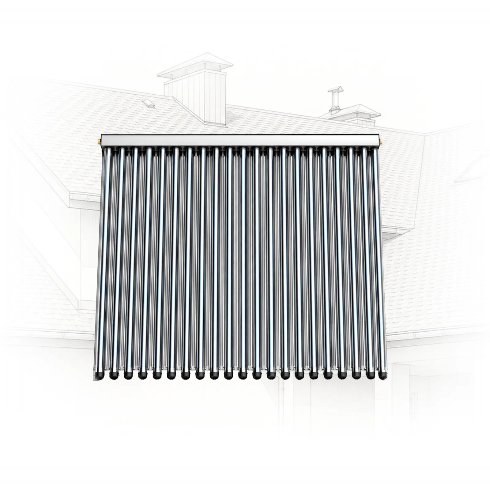gamma-x-ray-r-x-ray-18r - Pleion Row of vertical evacuated solar tubes forming a rooftop solar thermal collector on a house.