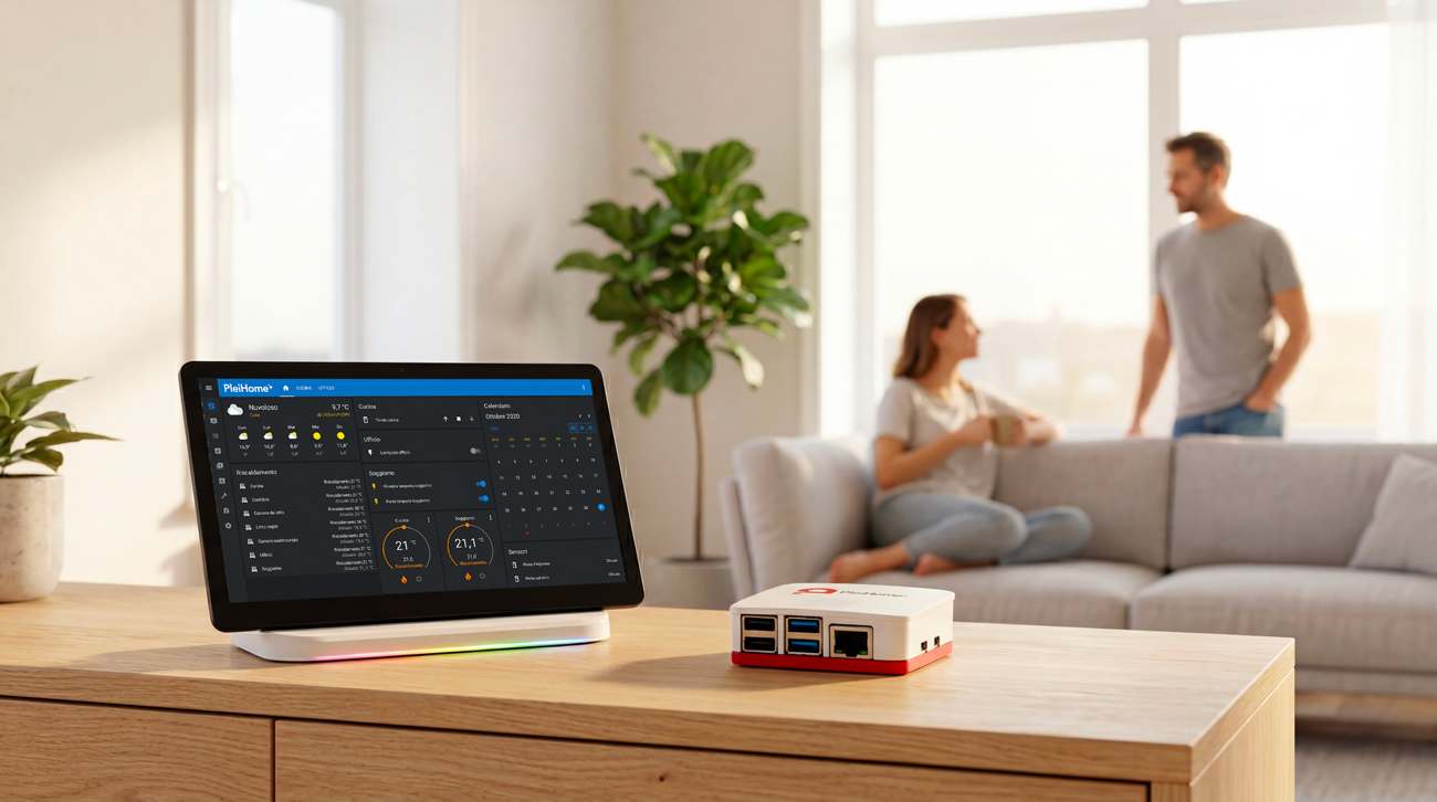 Display PleiHome e unità centrale in soggiorno