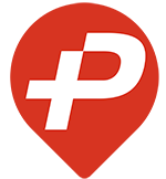 Brand logo: white stylized P on a red shield-shaped hexagon