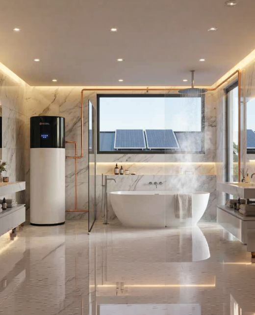 Luxurious marble bathroom with a freestanding tub, glass shower, and warm LED lighting.