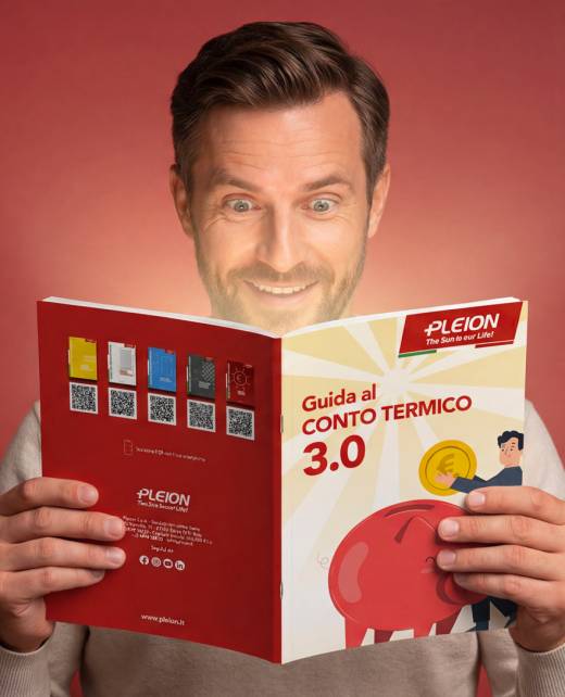 Man smiling while reading a red-and-white brochure about Conto Termico 3.0 with a piggy bank illustration on the cover